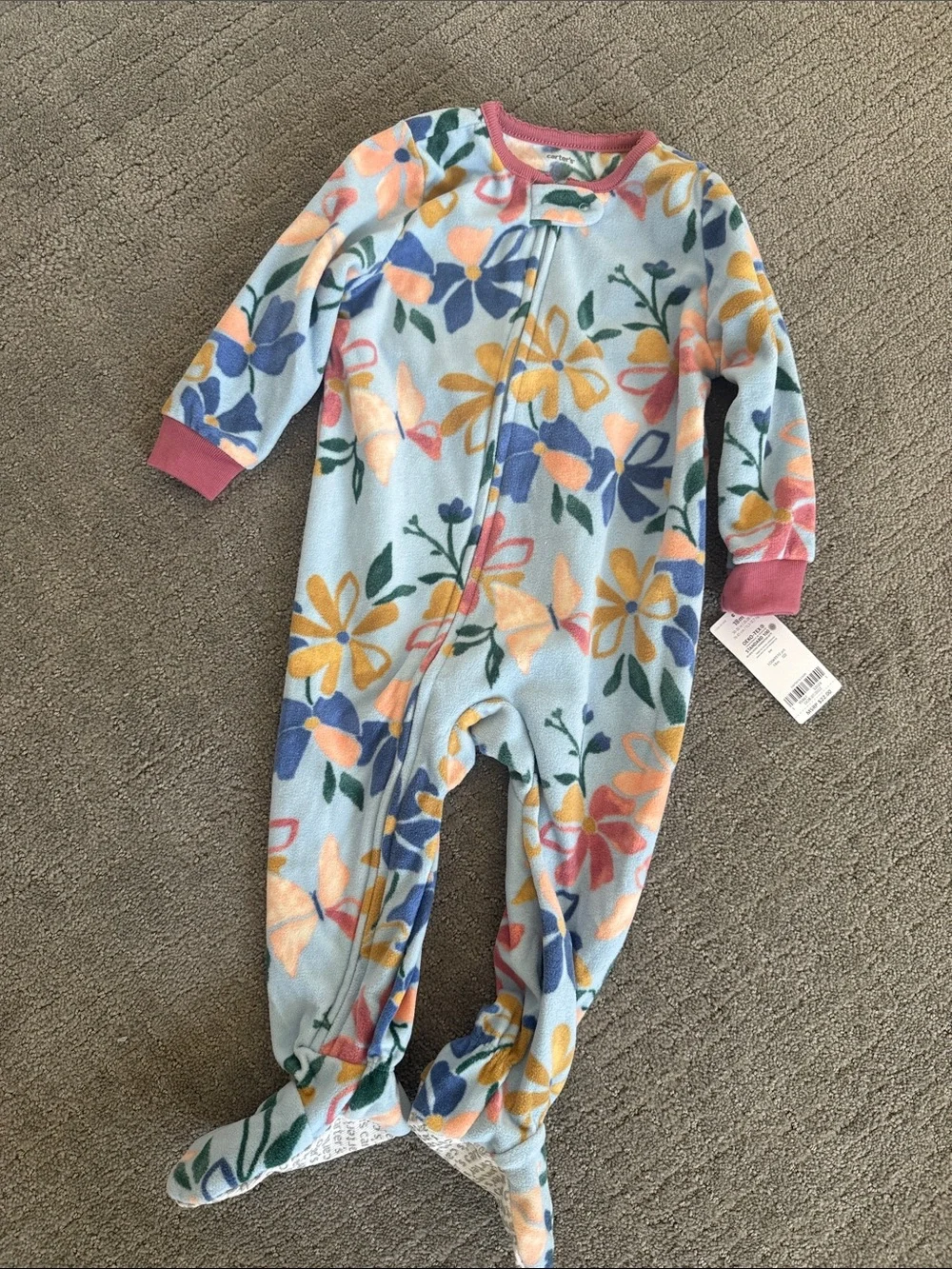 Carter's Blue Floral Fleece Footed One-Piece with Pink Trim